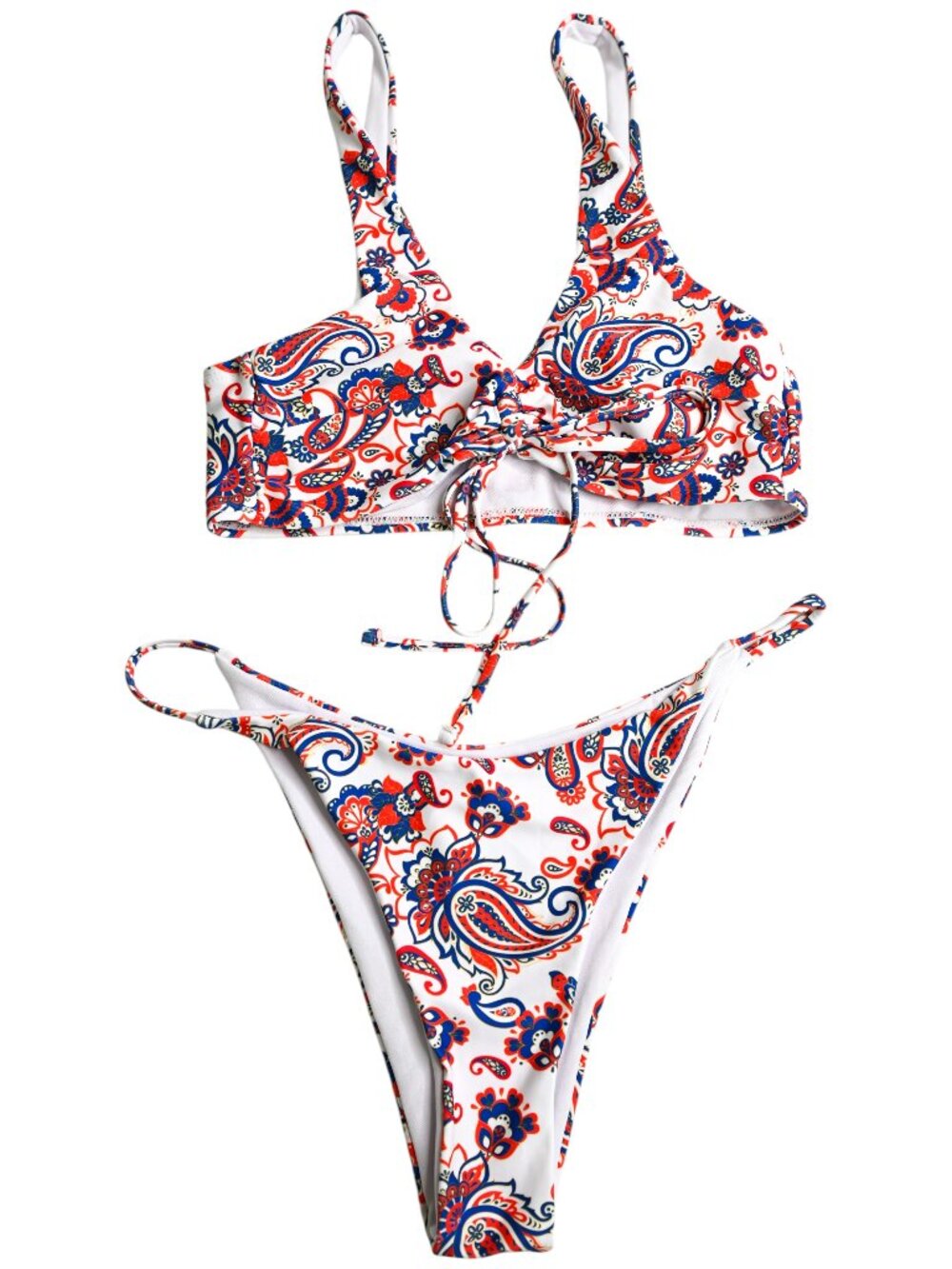 2 Piece Bikini - Red, Blue, Gold White Paisley Print - Size Small